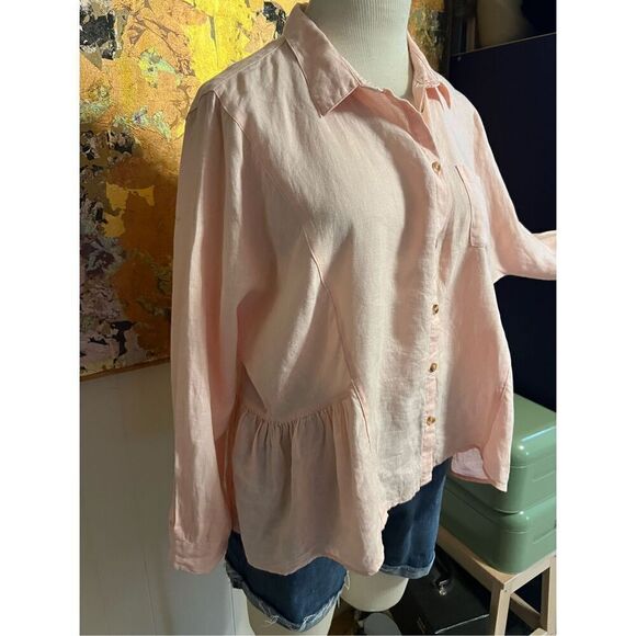 Anthropologie Holding Horses Linen McKenzie Pink Peplum Button Down Shirt oversi - Picture 5 of 12